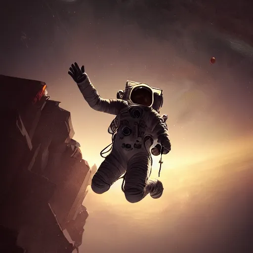 Image similar to astronaut falling through the clouds in jupiter, by cedric peyravernay, highly detailed, excellent composition, cinematic concept art, dramatic lighting, trending on artstation