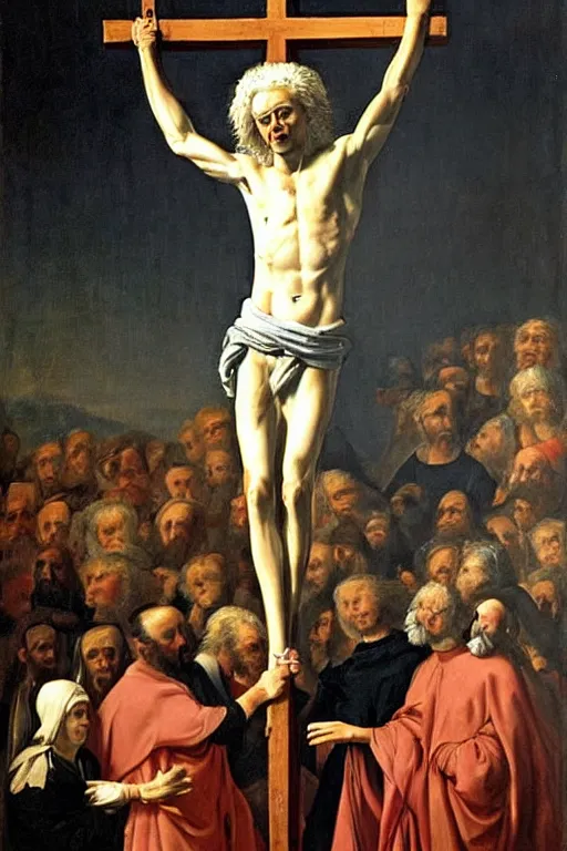 Prompt: painting of sad geert wilders being crucified, renaissance, breathtaking painting