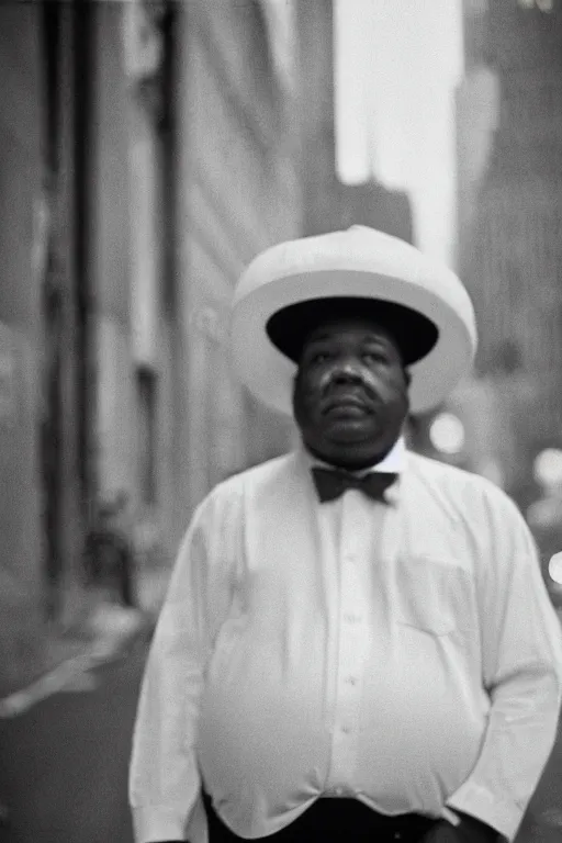 Image similar to close-up film photography 1970s, portrait of fat man in white hat, New York City, soft light, 35mm, film photo, Joel Meyerowitz