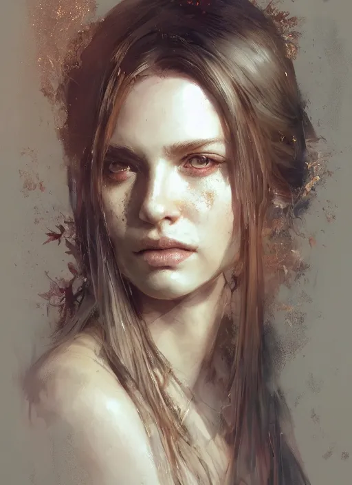 Prompt: golden leaves, beautiful portrait painting by jeremy mann, a female witch absurdly beautiful, elegant, ultrafine hyperrealistic detailed face illustration by wlop and artgerm and greg rutkowski, intricate linework, sharp focus, smooth, octopath traveler, final fantasy, unreal engine, dramatic lighting, ethereal, 8 k