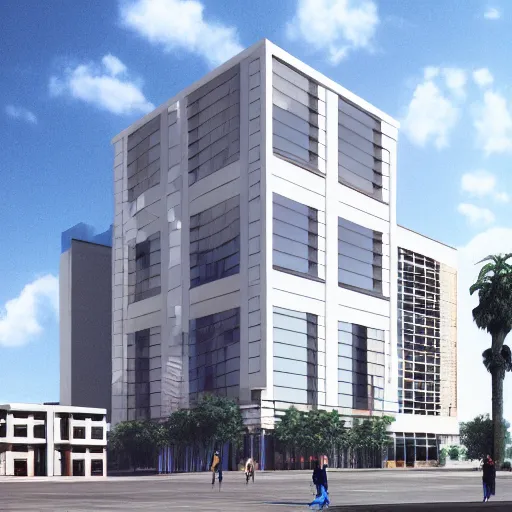 Image similar to elevation of a modern building, vaporwave style, photorealist, 4 k