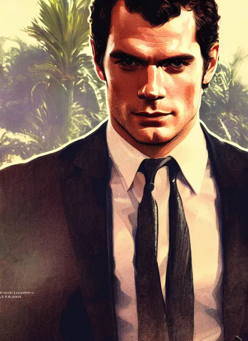 Prompt: portrait of henry cavill as james bond, key art, palm trees, vintage aston martin, highly detailed, digital painting, artstation, concept art, cinematic lighting, sharp focus, illustration, by gaston bussiere alphonse mucha