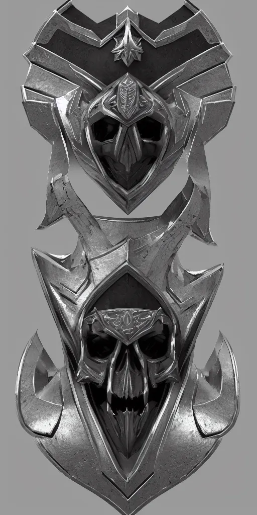 Image similar to a black and silver shield skull crest, ornament, weapon, a 3 d render by dom qwe, trending on polycount, artstation, hard surface modeling, zbrush, symmetry