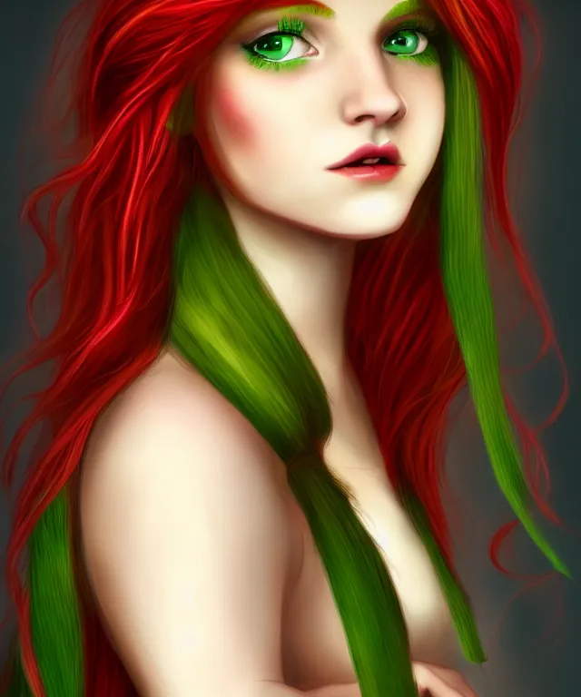 Prompt: Fae teenage girl, portrait, face, long red hair, green highlights, fantasy, intricate, elegant