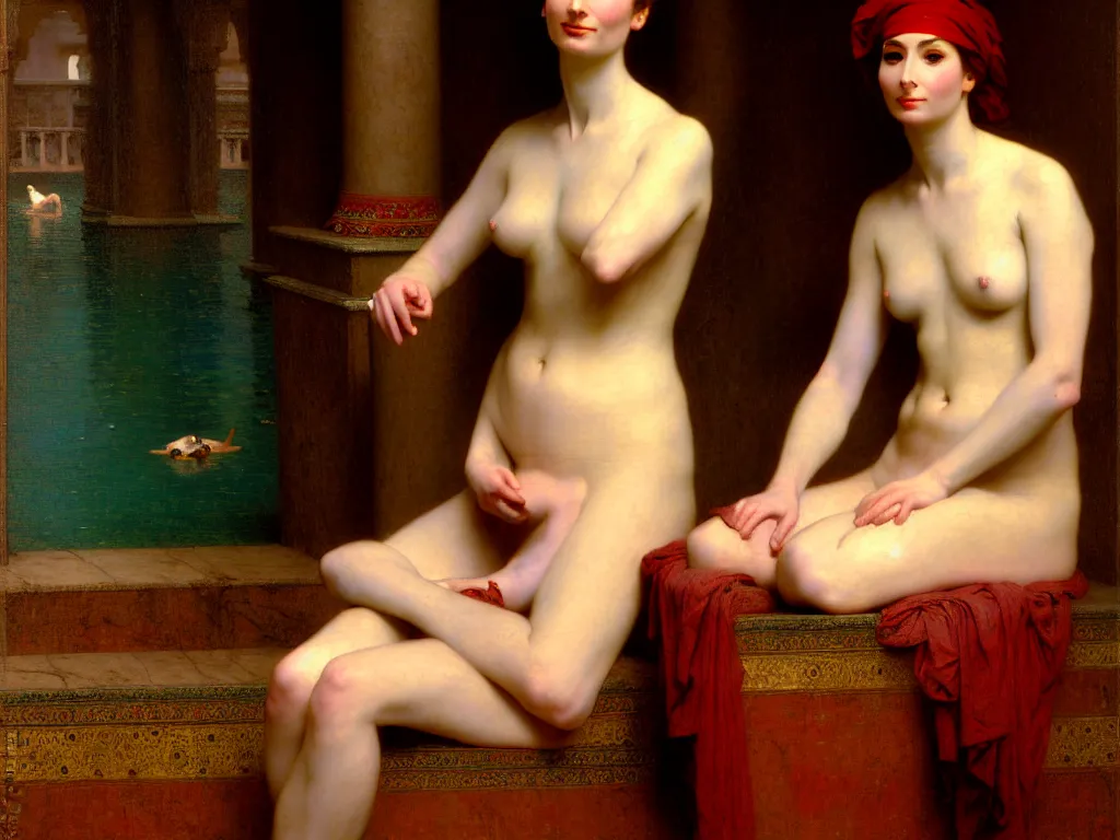 Image similar to portrait of felicia day in a turkish bath, painted by jean - leon gerome, by gustave moreau, by william - adolphe bouguereau. exquisite detail and color. volumetric lighting, soft lighting. 8 k resolution