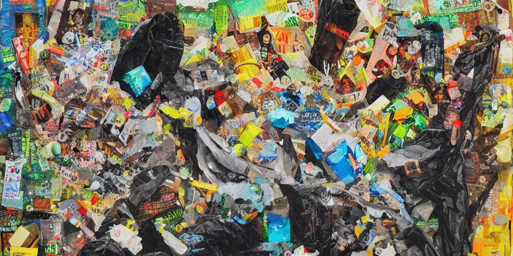 Image similar to mad trash bags, collage, acrylic on canvas, expressionism movement,, ultra detailed, breathtaking detailed, by blake neubert