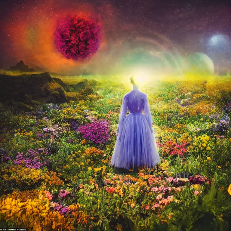 Image similar to a planet of various flowers, fungus and plants, in which the singular human figure is dressed in something magical and impressive, inside the picture is infinity, sunset light, Atmospheric phenomenon, artistic photography, muted colors, conceptual, long exposure outside the city, volumetric light