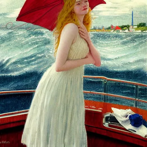 Prompt: Painting of Elle Fanning on a boat during a storm, long blonde hair, delicate, pale milky white porcelain skin, by Norman Rockwell and Edward Hopper. Extremely detailed.