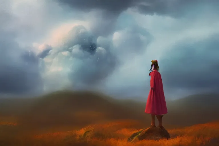 Image similar to closeup giant dahlia flower as head, girl standing on mountain, surreal photography, blue storm clouds, dramatic light, impressionist painting, digital painting, artstation, simon stalenhag