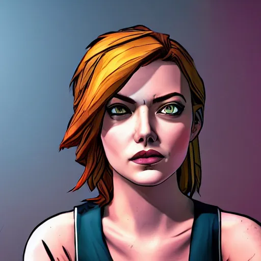 Image similar to emma stone portrait, borderlands, tales from the borderlands, the wolf among us, comic, cinematic lighting, studio quality, 8 k