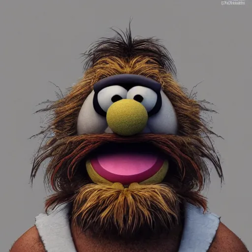 Image similar to a still of a forgotten muppet character looking very manly and modern, hilarious, laughing, hairy chest, huge chin, manly monster tough guy, roughled fur, photo real, photographic, photograph, artstation, trending, featured