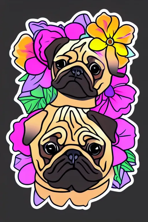 Image similar to portrait of a flower rambo pug, art by milka oxana, sticker, colorful, illustration, highly detailed, simple, smooth and clean vector curves, no jagged lines, vector art, smooth