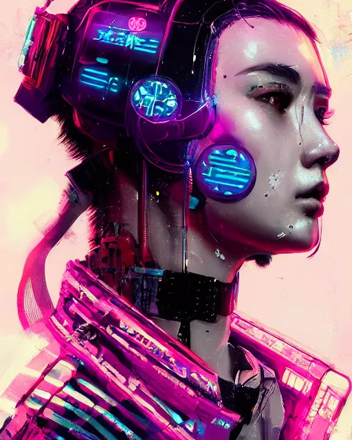 Image similar to detailed side profile portrait Neon Operator Girl, cyberpunk futuristic neon, reflective puffy coat, decorated with traditional Japanese ornaments by Ismail inceoglu dragan bibin hans thoma greg rutkowski Alexandros Pyromallis Nekro Rene Maritte Illustrated, Perfect face, fine details, realistic shaded, fine-face, pretty face