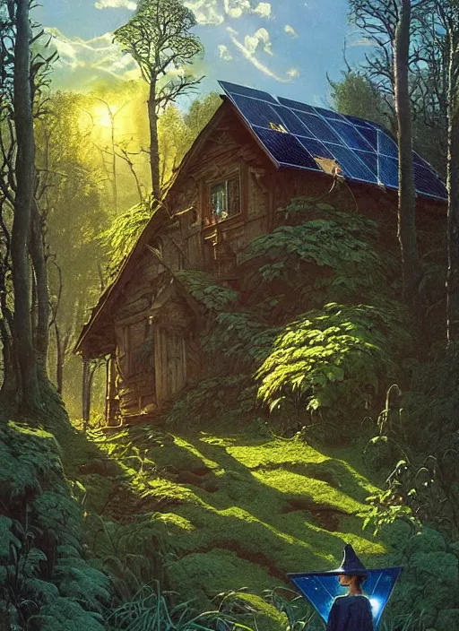 Image similar to hyper realistic witch cottage with solar panels with happy lighting and technology in the woods gorgeous lighting, sunbeams blue sky, lush forest foliage painting by zdzisław beksinski and norman rockwell and greg rutkowski weta studio, and lucasfilm