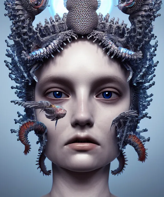 Image similar to symmetrical goddess close-up portrait wigh crown made of skulls. betta fish, phoenix, bioluminiscent creature, intricate artwork by Tooth Wu and wlop and beeple. octane render, trending on artstation, greg rutkowski very coherent symmetrical artwork. cinematic, hyper realism, high detail, octane render, 8k