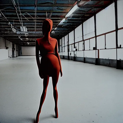 Image similar to empty warehouse room with a lone fashionable mannequin girlfriend in front of the camera cinestill 7 0's film