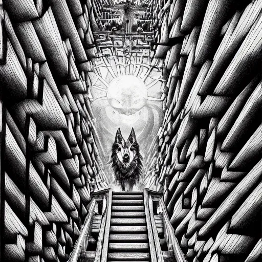 Image similar to a huge howling angry wolf in a huge bright maze of many doorways and lots of stairs, many doorways, inside MC Escher architecture, artstation, Junji Ito, epic composition, detailed background