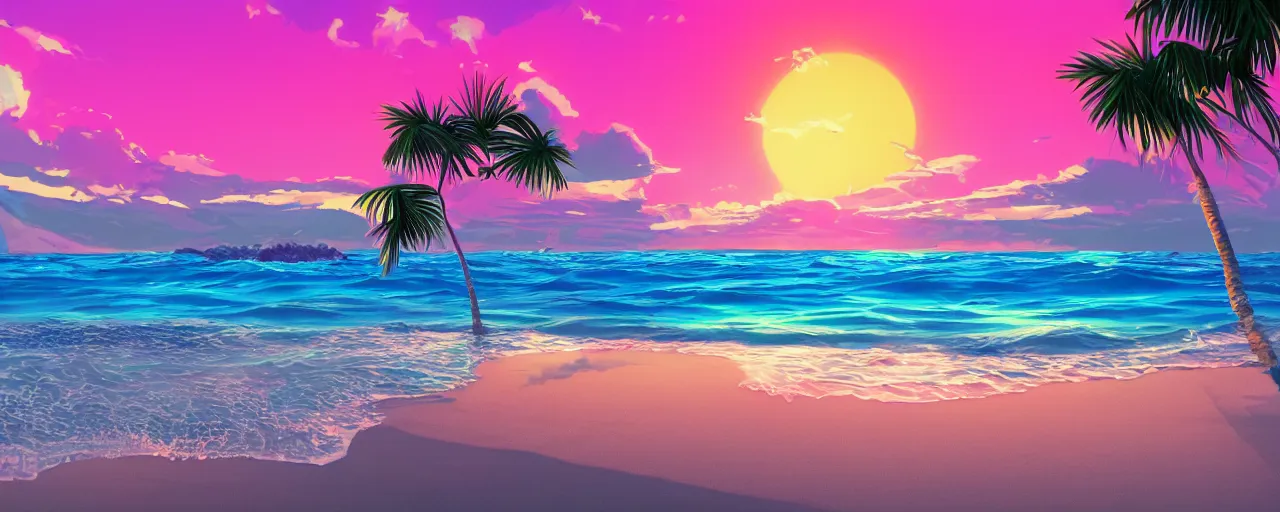 Image similar to A highly detailed wallpaper of a vaporwave beach at sunset in vaporwave style, sun, ocean, palm trees, artstation, cgsociety, masterpiece