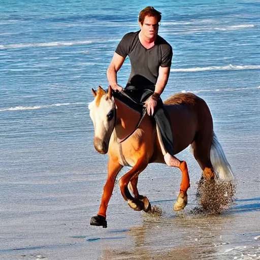 Image similar to michael c hall as dexter morgan riding a mini horse on the beach in miami