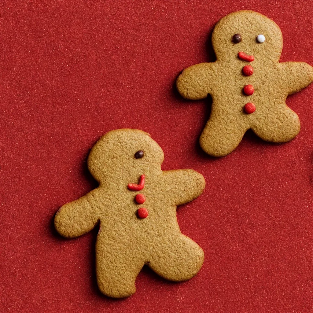 Prompt: top-down view of a cute gingerbread man on top of a red surface, 8k, high detail, photorealistic, proper shading