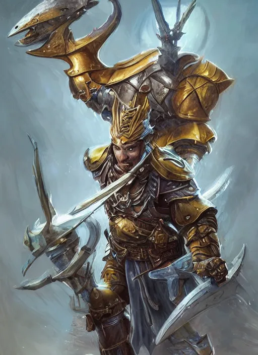 Prompt: paladin wearing helmet detailed, ultra detailed fantasy, dndbeyond, bright, colourful, realistic, dnd character portrait, full body, pathfinder, pinterest, art by ralph horsley, dnd, rpg, lotr game design fanart by concept art, behance hd, artstation, deviantart, hdr render in unreal engine 5