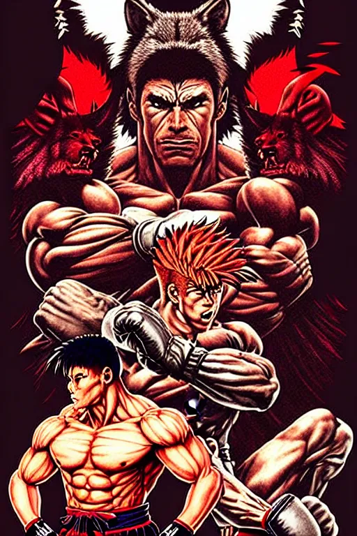 Prompt: extreme long shot. 8 bit nes graphics. antropomorphic muscular masculine wolf. kickboxer fighter, in shorts. wolf head. fine details, very sharp, art from nes game cartridge, 8 0's, vhs artefacts, vaporwave style, marc simonetti and hermann nitsch. streetfighter, kung fury