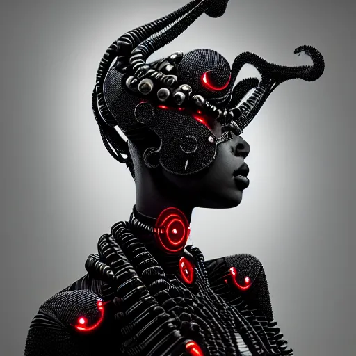 Image similar to portrait of an absurdly beautiful, graceful, sophisticated, fashionable black cyberpunk mechanoid gravure idol, hyperdetailed illustration by irakli nadar, adut akech, matt wisniewski style, intricate linework, dark black porcelain skin, jellyfish headdress, unreal engine 5 highly rendered, global illumination, red light, detailed and intricate environment