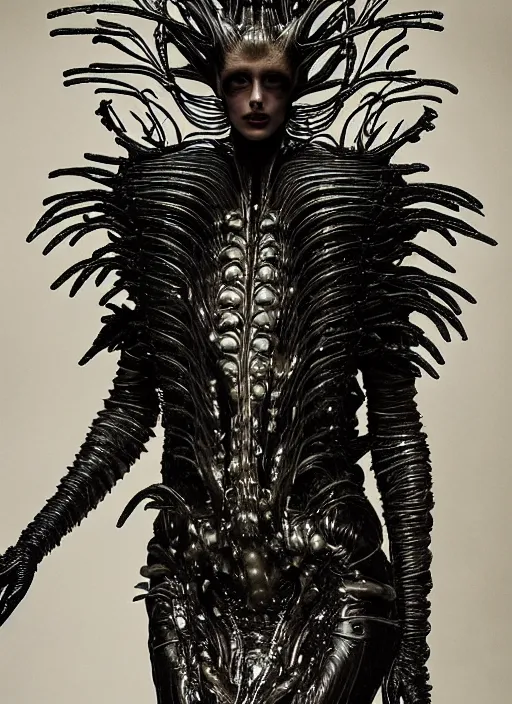 Image similar to walking down the catwalk, tim walker, show, stage, vogue photo, podium, fashion show photo, historical baroque dress dark, iris van herpen, beautiful woman, masterpiece, intricate, biopunk, vogue, full body shot, alien, plant predator, guyver, highly detailed