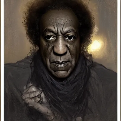 Image similar to hyperrealistic portrait of bill cosby as a vampire witch in a black coat holding a human skull as a crystal ball. by jeremy mann and alphonse mucha, fantasy art, photo realistic, dynamic lighting, artstation, poster, volumetric lighting, very detailed faces, 4 k, award winning