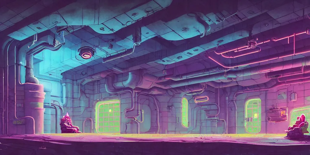 Image similar to sewer lair, detailed, artstation, 8 k, sci - fi, pastel colors, props, panel, concept, simon stalenhag, in watercolor gouache detailed paintings, moebius, blueprint, building, living room, detailed, posters, sofa