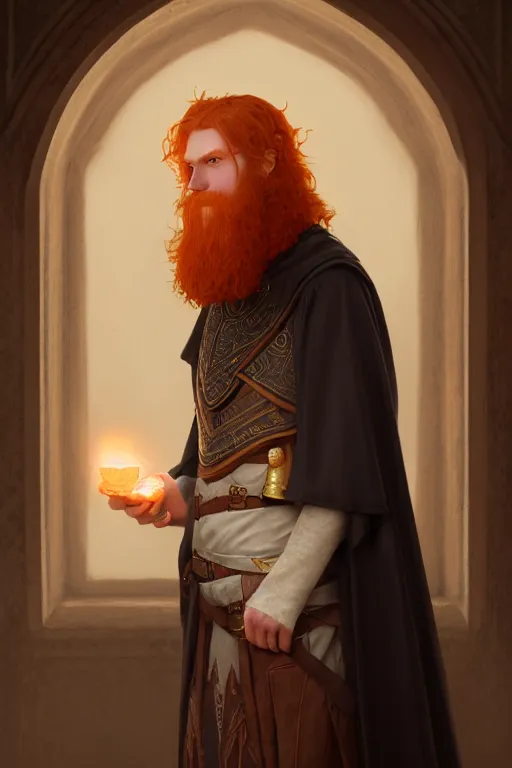 Image similar to a portrait of a ginger male wizard, illustration, soft lighting, soft details, dark mood, painting oil on canvas by Edmund Blair Leighton and Charlie Bowater octane render trending on artstation d&d characters, 4k, 8k, HD