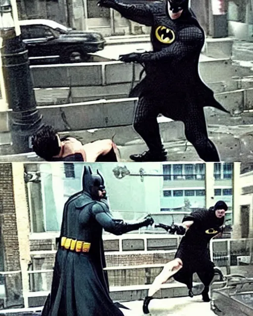 Prompt: Batman caught beating up a random guy in Gotham, security cam footage, realistic, real life, 720p, shot from far away, low quality footage, leaked footage, viral on instagram, viral on twitter, snapchat photo