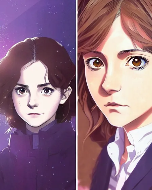 Prompt: Anime as Emma Watson playing Hermione Granger || cute-fine-face, pretty face, realistic shaded Perfect face, fine details. Anime. realistic shaded lighting poster by Ilya Kuvshinov katsuhiro otomo ghost-in-the-shell, magali villeneuve, artgerm, Jeremy Lipkin and Michael Garmash and Rob Rey as Hermione Granger in Hogwarts Hogwarts cute smile