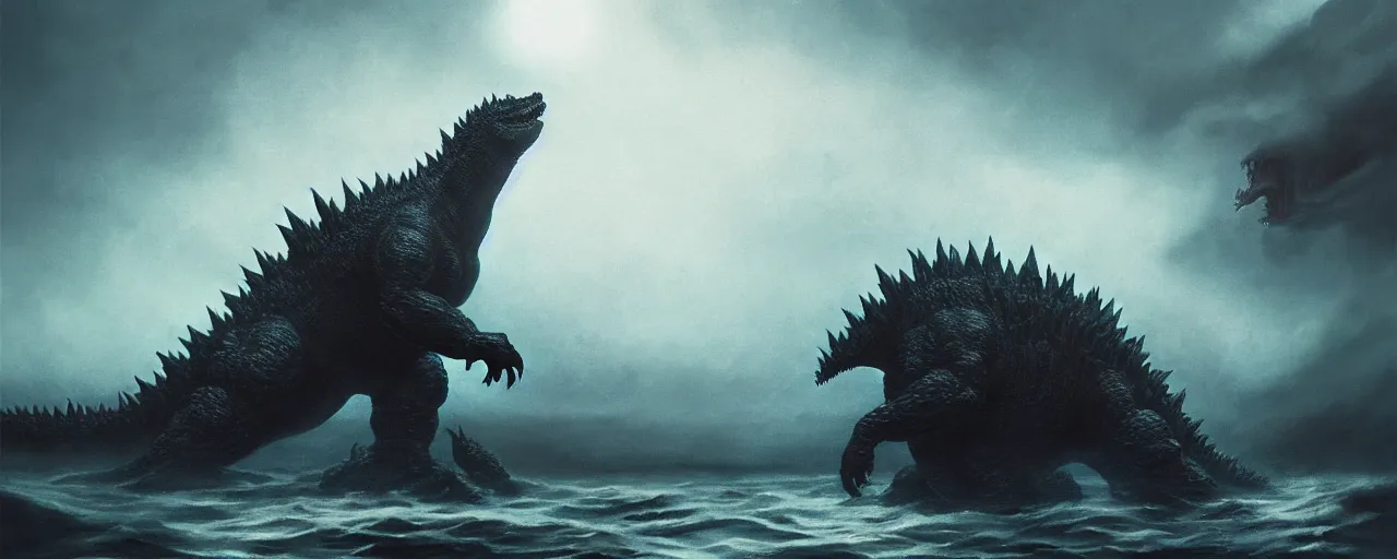 Image similar to duotone noir concept illustration of original 1 9 5 4 godzilla emerging from ocean, octane render, concept hideo kojima surreal atmosphere, volumentric lighting. cosmic horror. accidental renaissance. by sachin teng and sergey kolesov and ruan jia and heng z. graffiti art, scifi, fantasy, hyper detailed. trending on artstation