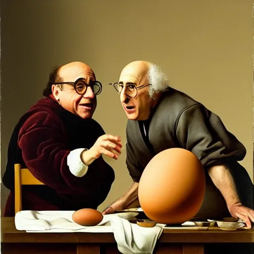 Prompt: danny devito and larry david fighting over a chair shaped like an egg, renaissance still life painting, masterpiece, realistic light and shadow, in the style of vermeer, highly detailed, photorealism