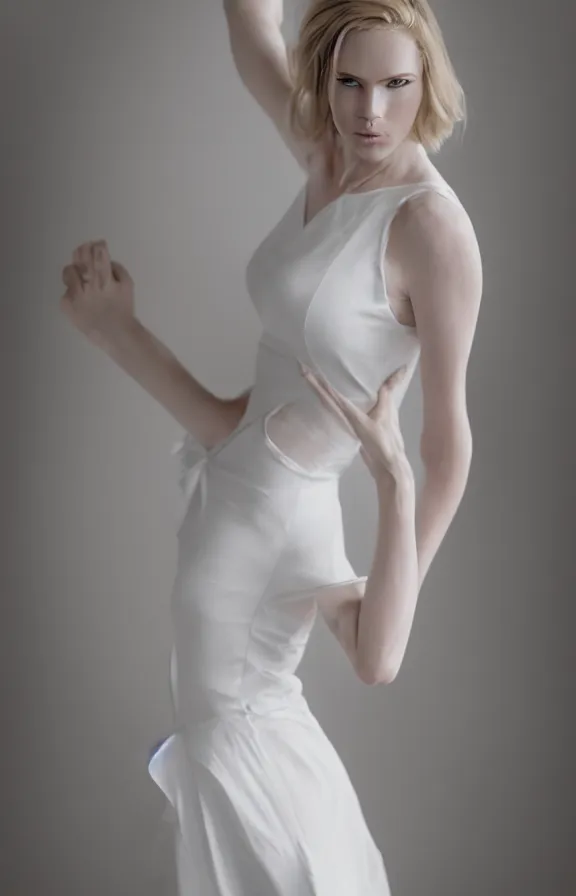 Image similar to photo of gorgeous seductive tall emily skinner cosplaying annie leonhart wearing elegant white dress, wearing open toe heels, in a white room, beautiful face, pale skin, rule of thirds, cinematic lighting, sharp focus, backlit, stunning, smooth, hard focus, full body shot, studio photo, shot on sony a 7 iii