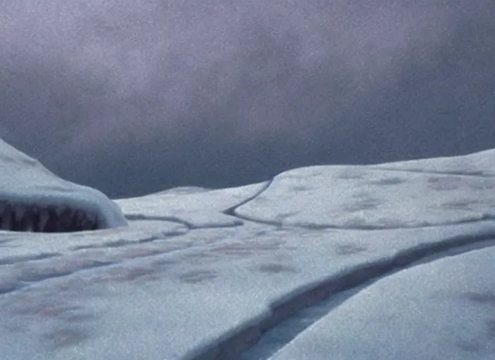 Image similar to stark minimalist frozen creek snowdrift landscape by bill watterson from mulan ( 1 9 9 8 )