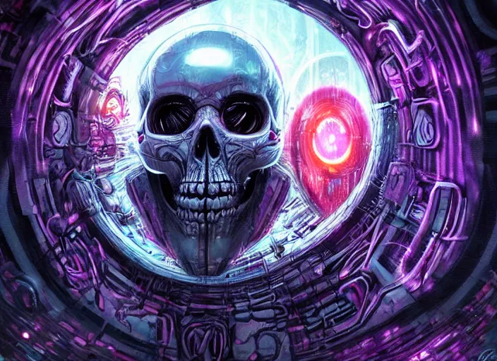 Image similar to a futuristic skull with glowing eyes and a wormhole tunnel cyberpunk art by android jones, featured on artstation, darksynth, synthwave