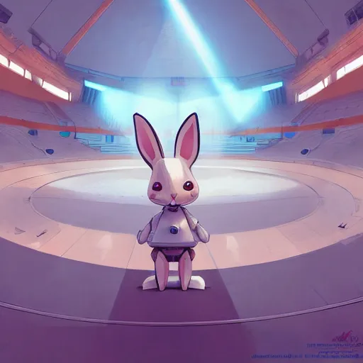 Image similar to anthropomorphic rabbit robot with human characteristics in an arena, artstation, by hayao myazaki, concept art, digital art, light blue, 2 - dimensional, 2 d