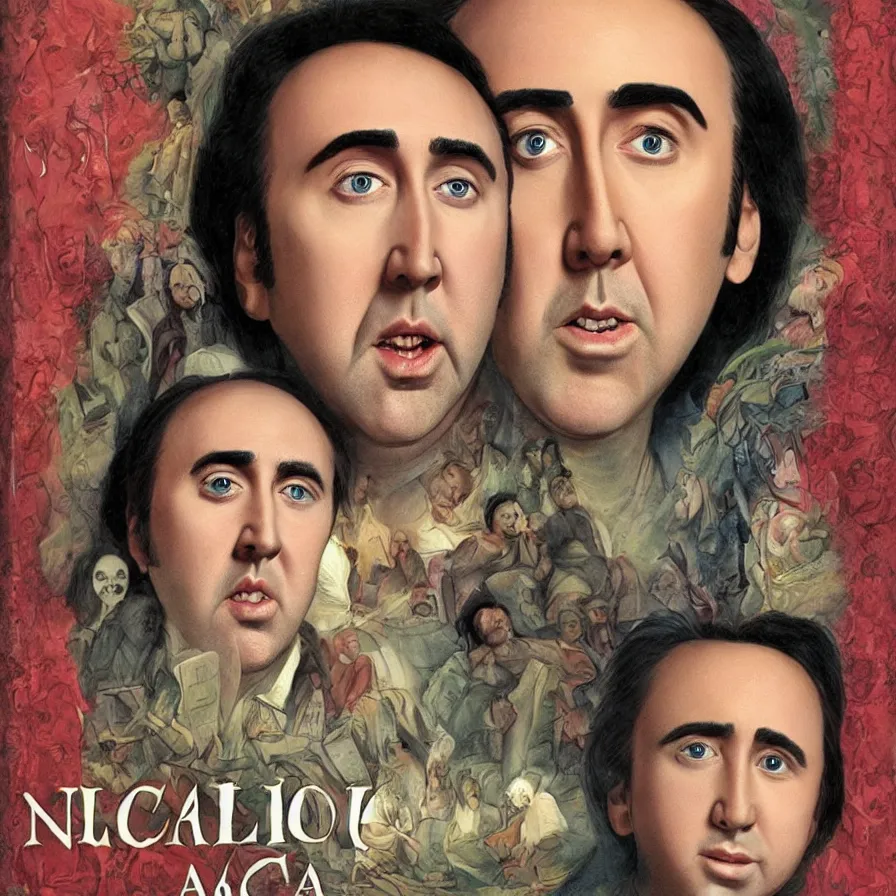 Image similar to a beautiful Nicolas Cage with large eyes and small nose, children\'s book cover