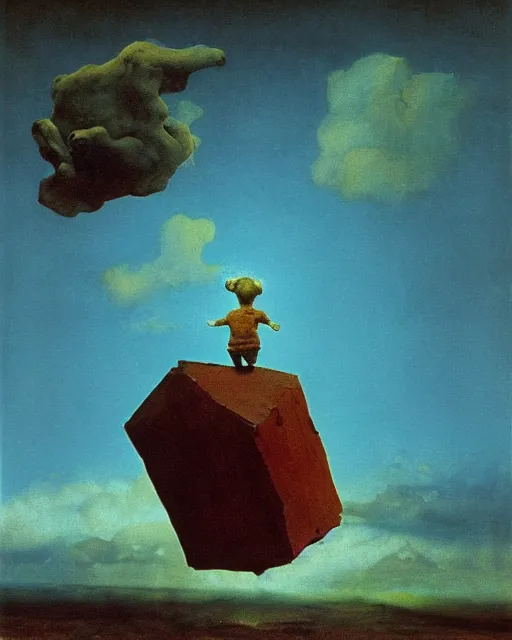 Prompt: early color photo of a scared boy flying in sky, Beksinski painting, part by Adrian Ghenie and Gerhard Richter