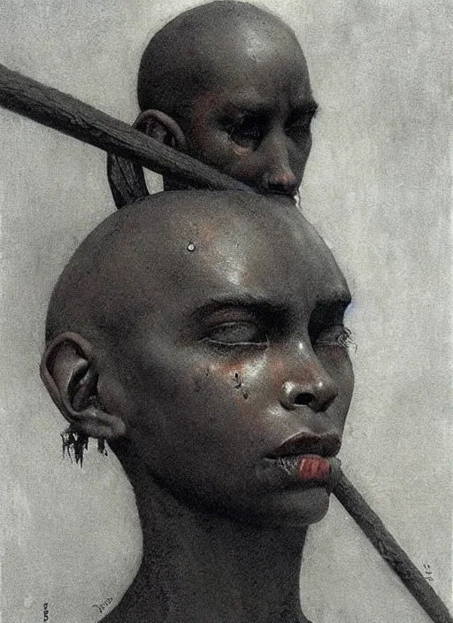 Prompt: bald barbarian black girl by Beksinski