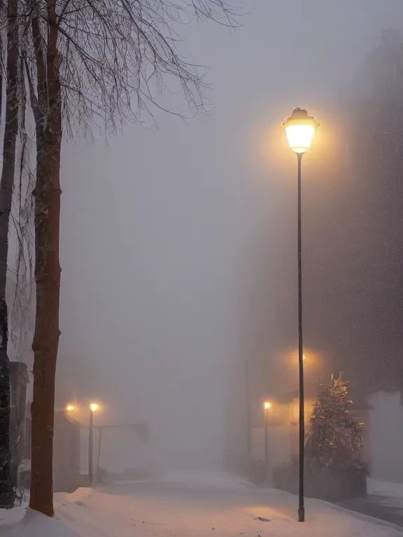 Prompt: beautiful film still of a residential block building in russian suburbs, low, lights are on in the windows, dark night, post - soviet courtyard, cozy and peaceful atmosphere, fog, cold winter, snowing, streetlamps with orange volumetric light, several birches nearby, elderly man stand at the entrance to the building