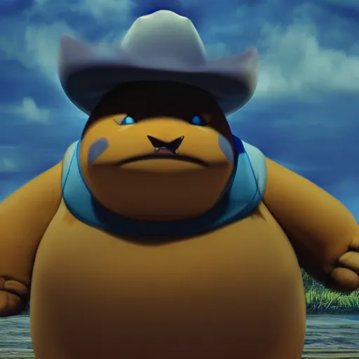 Prompt: national geographic photo of the pokemon snorlax wearing a cowboy hat by franz lanting, digital art, cinematic shot