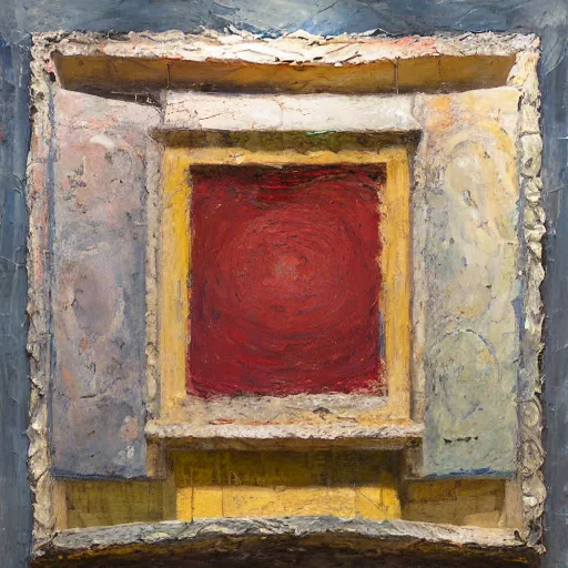 Prompt: a detailed impasto painting by shaun tan and julian schnabel of an abstract forgotten sculpture by the caretaker and ivan seal