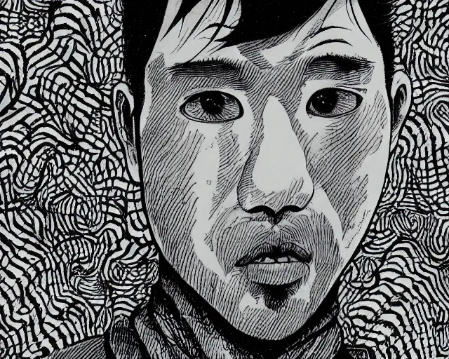 Image similar to A portrait of an asian guy by Junji Ito, depth of field