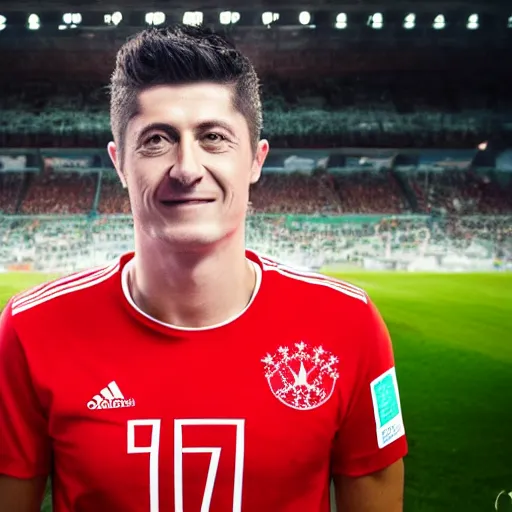 Image similar to portrait of Robert Lewandowski in polish national team t shirt holding World Cup trophy, 4k, hq, high details, natural light, perfect quality, professional photography, award winning photo, a lot of details, perfect face