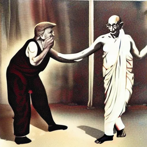 Image similar to gandhi carying donald trump while dancing acrobatic rock on the dance floor, realistic 4 k, detailed image