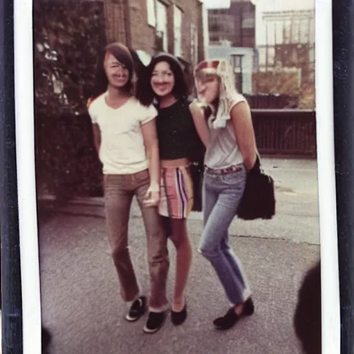 Image similar to Polaroid photograph of stylish college students, taken in 1972