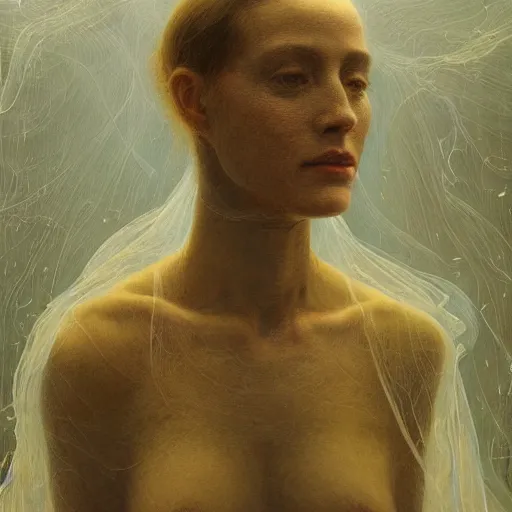 Image similar to portrait of a woman, covered in transparent cloth, plastic, thunder clouds, flat background, Masterpiece, glowing, wires everywhere, by Edgar Maxence and Ross Tran, Zdzisław Beksiński, and Michael Whelan, distant, gustav dore, H.R. Giger, 8k, octane render